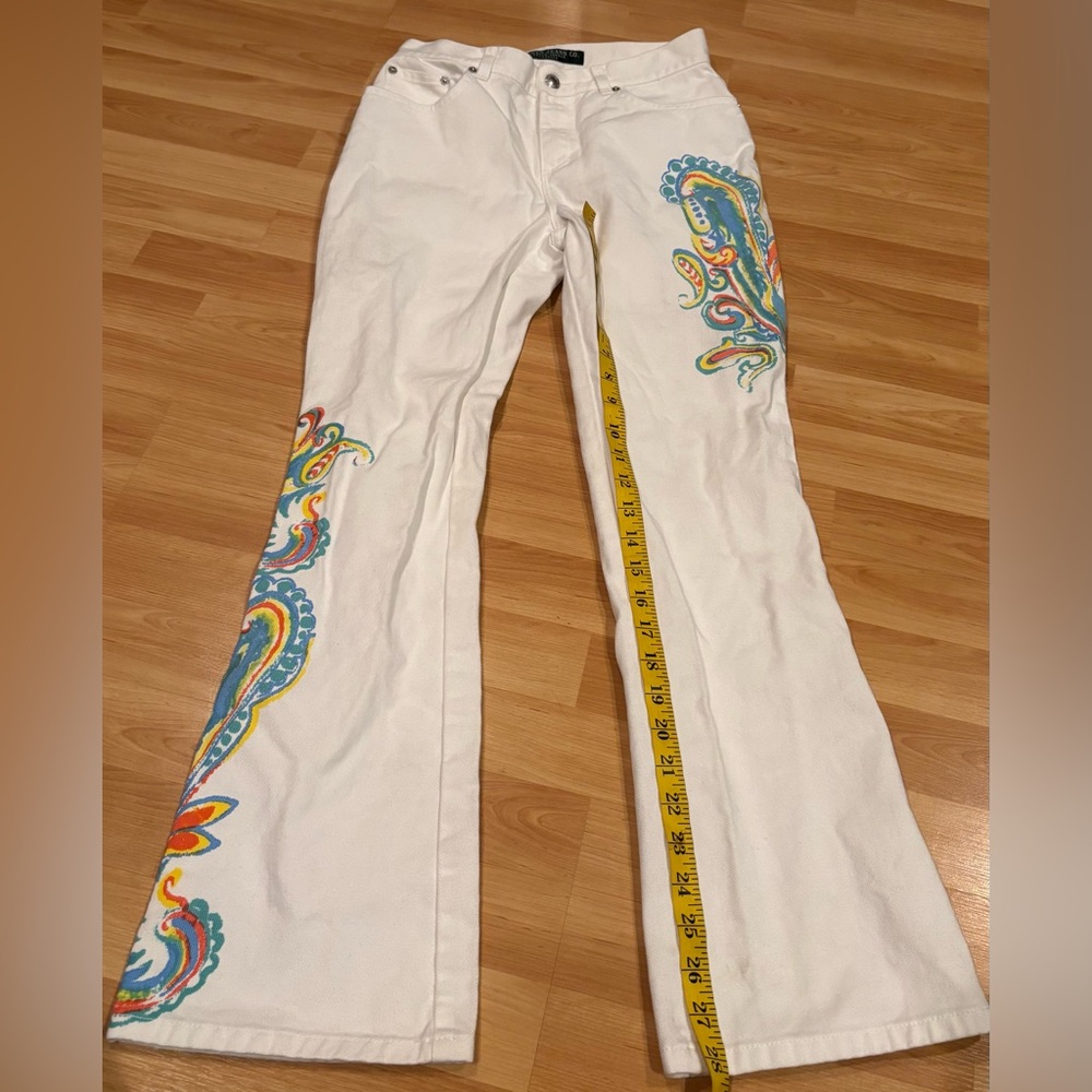 VTG‎ Ralph Lauren White Flare Pants with Colorful Paisley Embroidery - Picture 3 of 9